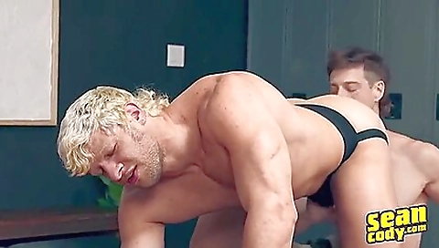 Mature blonde slut sucks two men fuck